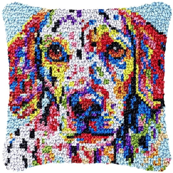 Dalmatian Dog Latch Hook Pillow Cover Kits for DIY Handmade Throw Pillow Cross Stitch Latch Hook Pillowcase Rug Kits with Preprinted Color Pattern Canvas Crochet Yarn Kits 17''X 17''(ch24)