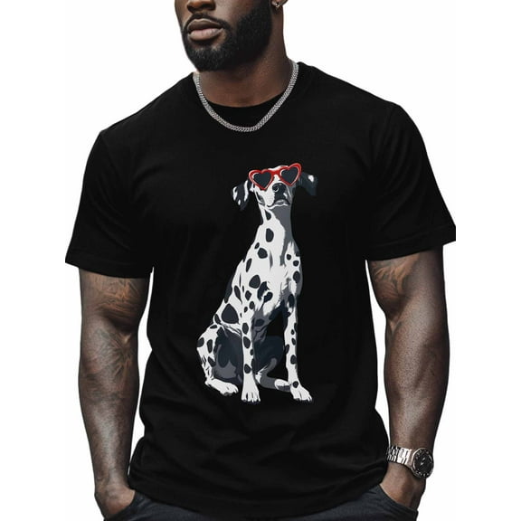 Dalmatian Dog Men's T Shirts Love Sunglasses T-Shirt for Men Animal Crew Neck Tees Cotton Tops, Black, M