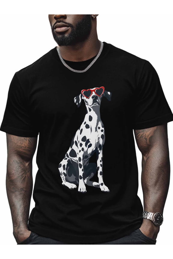 Dalmatian Dog Men's T Shirts Love Sunglasses T-Shirt for Men Animal Crew Neck Tees Cotton Tops, Black, M