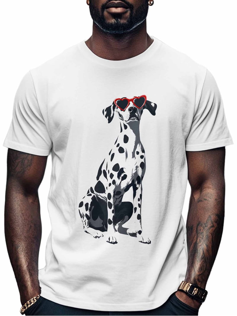 Dalmatian Dog Men's T Shirts Love Sunglasses T-Shirt for Men Animal Crew Neck Tees Cotton Tops, White, S