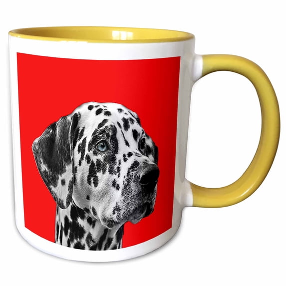 3drose, Dalmatian Dog on Red Background, Pet, Puppy Animal, 15oz Two-tone Yellow Mug