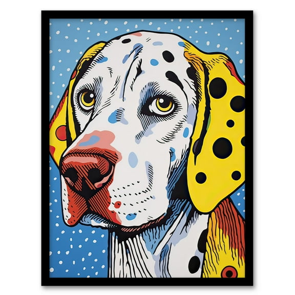 Dalmatian Dog Pop Art Painting Yellow Orange Blue Roy Lichtenstein Style Vibrant Pet Portrait Art Print Framed Poster Wall Decor 12x16 inch