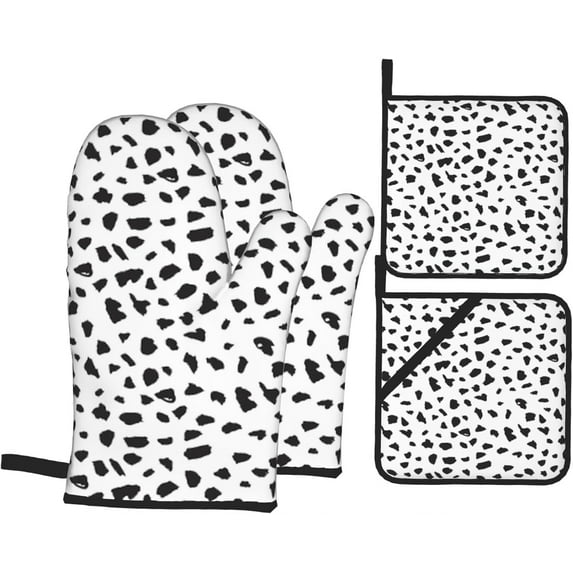 Dalmatian Dog Print Oven Mitts and Pot Holders Set Cute Dog Spot Pattern Kitchen Gloves Heat Resistant Hot Pads for Microwave BBQ Cooking Baking Grilling (4pcs)
