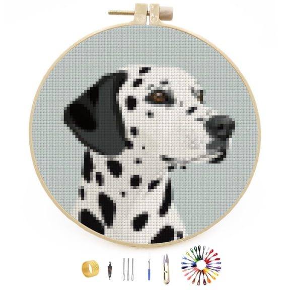 Dalmatian Dog Stamped Cross Stitch Kits for Beginners with Hoop Simple Patterns 11CT Counted Embroidery Needlepoint Crafts Arts for DIY Enthusiasts and Home Decor 26x26cm(1)