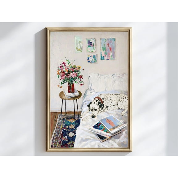 Dalmatian Dog Wall Art, Cozy Bedroom Print with Flowers, Relaxed Pet Painting Poster Unframed Paper Print