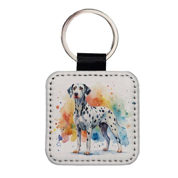 Dalmatian Dog Watercolor Style Faux Leather Square Keychain