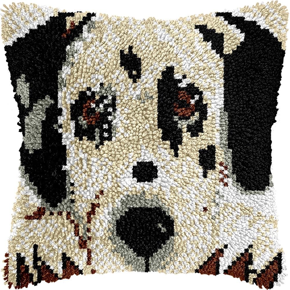 Dalmatian Latch Hook Pillow Kits for DIY Handmade Throw Pillow Cushion Embroidery Latch Hooking Pillowcase Kits with Preprinted Canvas Crochet Yarn Kits 17''X 17''(g159)