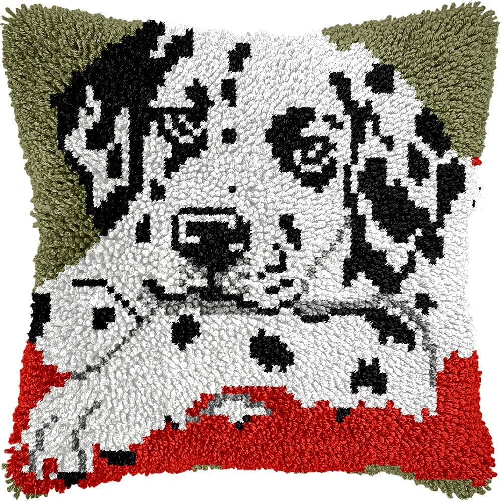 Dalmatian Latch Hook Pillow Kits for DIY Throw Pillow Cushion Embroidery Latch Hooking Pillowcase Kits with Preprinted Canvas Crochet Yarn Kits for Home Decor 17''X 17''(d145)
