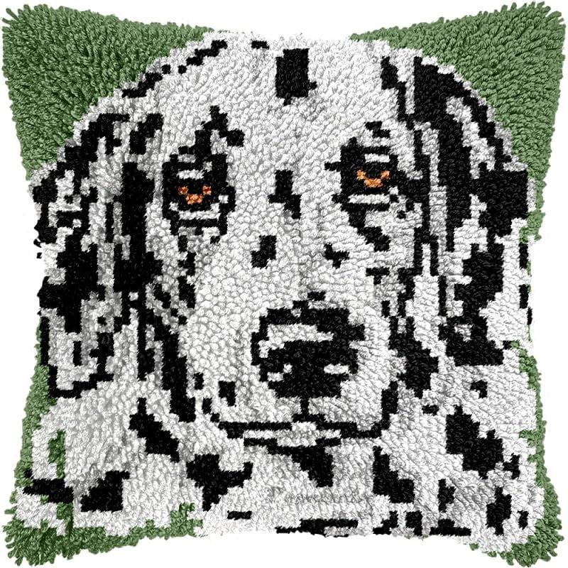 Dalmatian Latch Hook Pillow Kits Pillow Cover with Pattern Printed Canvas Sofa Hooking Pillowcase Cushion Crafts Embroidery Latch Hooking Crochet Starter Kits 17x17 inch(1)