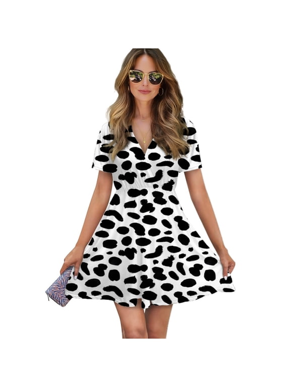 Dalmatian Pattern Women Dress V-Neck Short Sleeve Flowy Swing Party Midi Dress