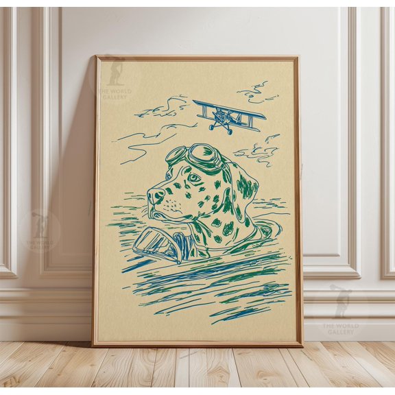 Dalmatian Pilot Print Teal Blue Biplane Cockpit Art Nautical Dog Illustration Home Decor Office Wall Art