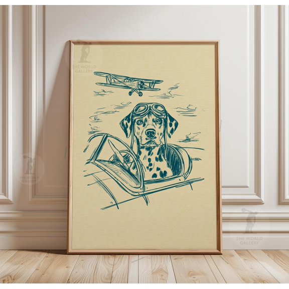Dalmatian Pilot Print, Teal Blue Biplane Cockpit Art, Nautical Dog, Poster Only
