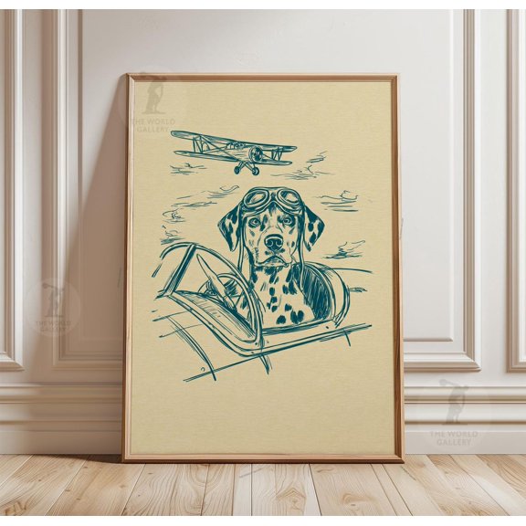 Dalmatian Pilot Wall Art Print With Teal Blue Biplane Cockpit Dog Decor