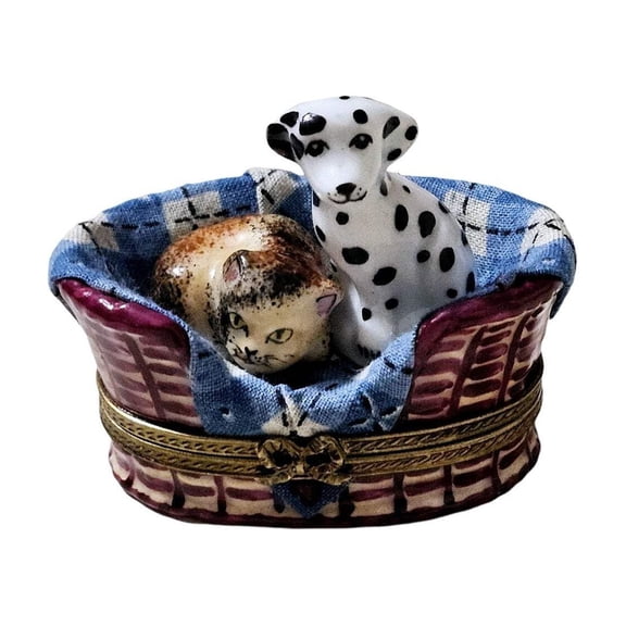Dalmatian Puppy and Cat Treasure for Animal Lovers Limoges Box Porcelain Figurine
