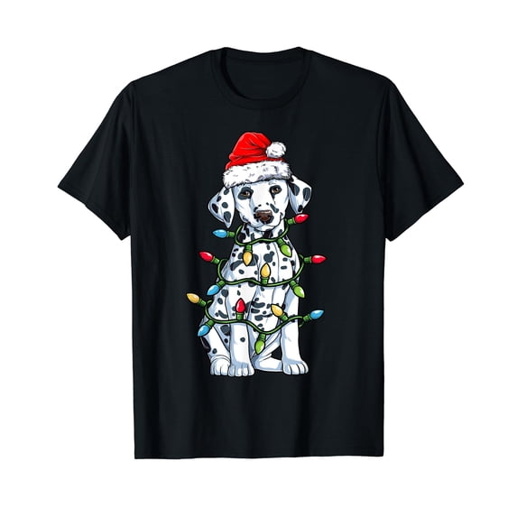 Dalmatian Santa Christmas Tree Lights Xmas Boys Dog Dogmas Black T-Shirt