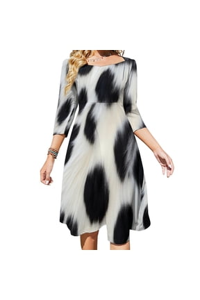 Dalmatian Spotted Coat Texture Flare Dress Square Neck Dress Elegant Female Fashion Printed Dress