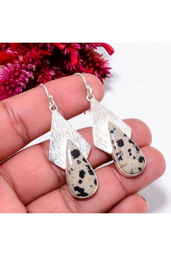 Dalmatian Stone - Chihuahua 925 Sterling Silver Handmade Earring 2.15" Sku39, Handmade Jewelry, Dangle Earring