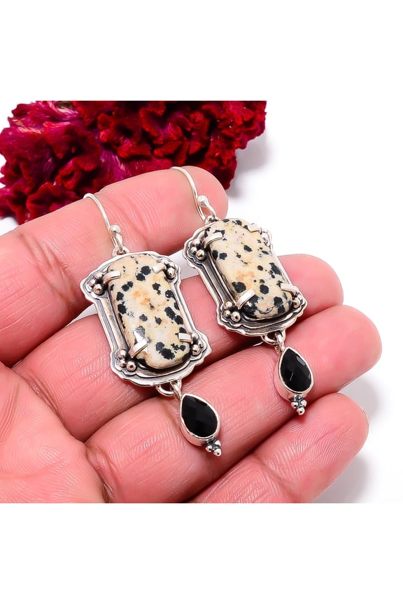 Dalmatian Stone - Chihuahua & Black Onyx 925 Sterling Silver Earring 2.34" E98760, Christmas Gift