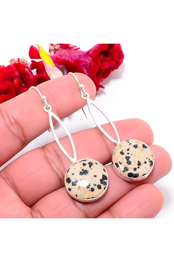 Dalmatian Stone - Chihuahua Designer Handmade 925 Sterling Silver Earring 2.34 Sku45, Black & White Earring, Natural Gemstone Earring