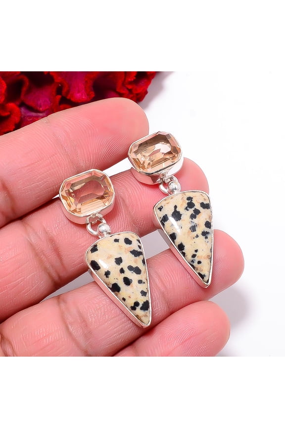Dalmatian Stone - Chihuahua & Morganite 925 Sterling Silver Earring 1.56" E100121, Christmas Gift