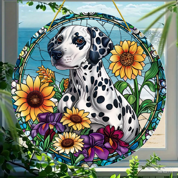 Dalmatian with Sunflowers Sign, Round 8" Acrylic Suncatcher, Faux Stained Glass Style, Perfect Gift For Dog Lovers, Ideal For Floral Home Decor, Window, Patio, Balcony, 1pc, 2D Flat