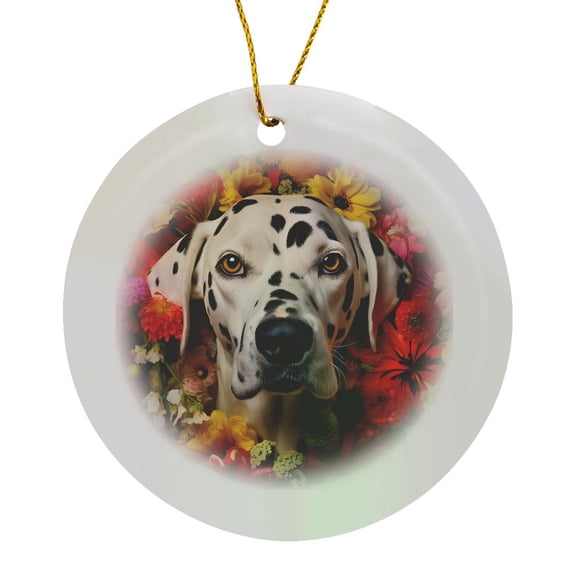 3drose, Dalmatian with Floral Background, Circle Porcelain Ornament