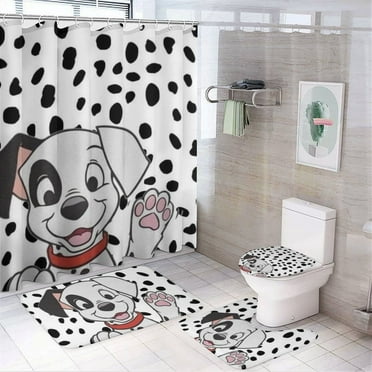 Dalmatians 4 Pcs Shower Curtain Sets with Non-Slip Rugs, Toilet Lid Cover and Bath Mat, Cartoon Kids Waterproof Shower Curtain with 12 Hooks, Durable Bathroom Decor 72" x 72"