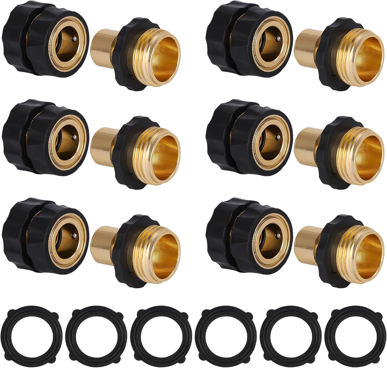 Dalmbox Garden Hose Quick Connector, 3/4" Male and Female Quick Release Garden Hose Connect Fittings With 6 Rubber Washers, 6 sets