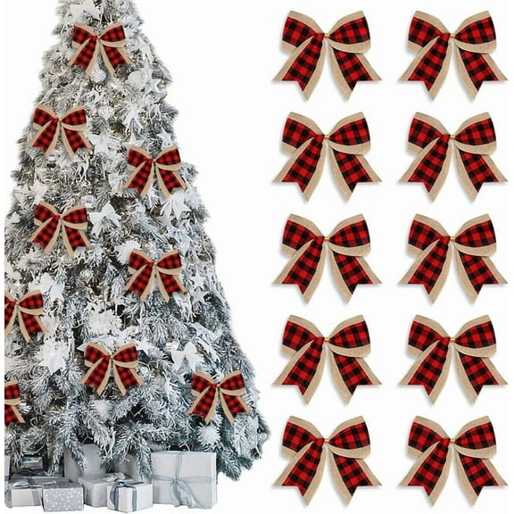 Dalrosia 10PCS Christmas Bows for Wreath, Xmas Wreath Bows Red Black Buffalo Plaid Bow Winter Holiday Burlap Craft Bow Xmas Farmhouse Tree Bows for Basket Christmas New Year Party Decorations