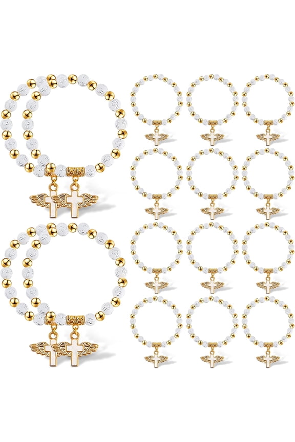 10PCS Rosary Bracelets Cross Charms with Angel Wing Acrylic Baptism Beaded Bracelets for Women Men Baptism Favors Communion Weddings Party Favors