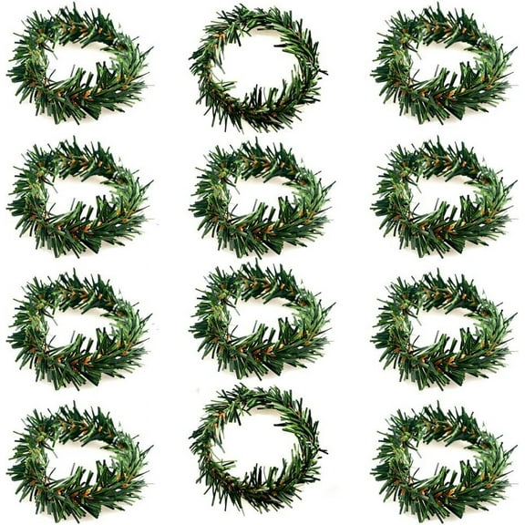 Dalrosia 12 PCS Christmas Napkin Rings Christmas Napkin Holder Small Artificial Pine Needles Wreath Candle Rings for Banquet Table Decorations