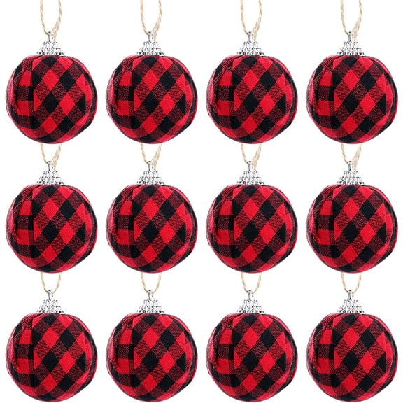 Dalrosia 12PCS Buffalo Plaid Fabric Ball Christmas Hanging Ornament Decorative Plaid Wrapped Balls Red Tree Hanging Ornaments Buffalo Check Balls for Christmas Tree Party Farmhouse Decoration