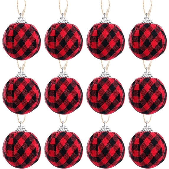 Dalrosia 12PCS Buffalo Plaid Fabric Ball Christmas Hanging Ornament Decorative Plaid Wrapped Balls Red Tree Hanging Ornaments Buffalo Check Balls for Christmas Tree Party Farmhouse Decoration