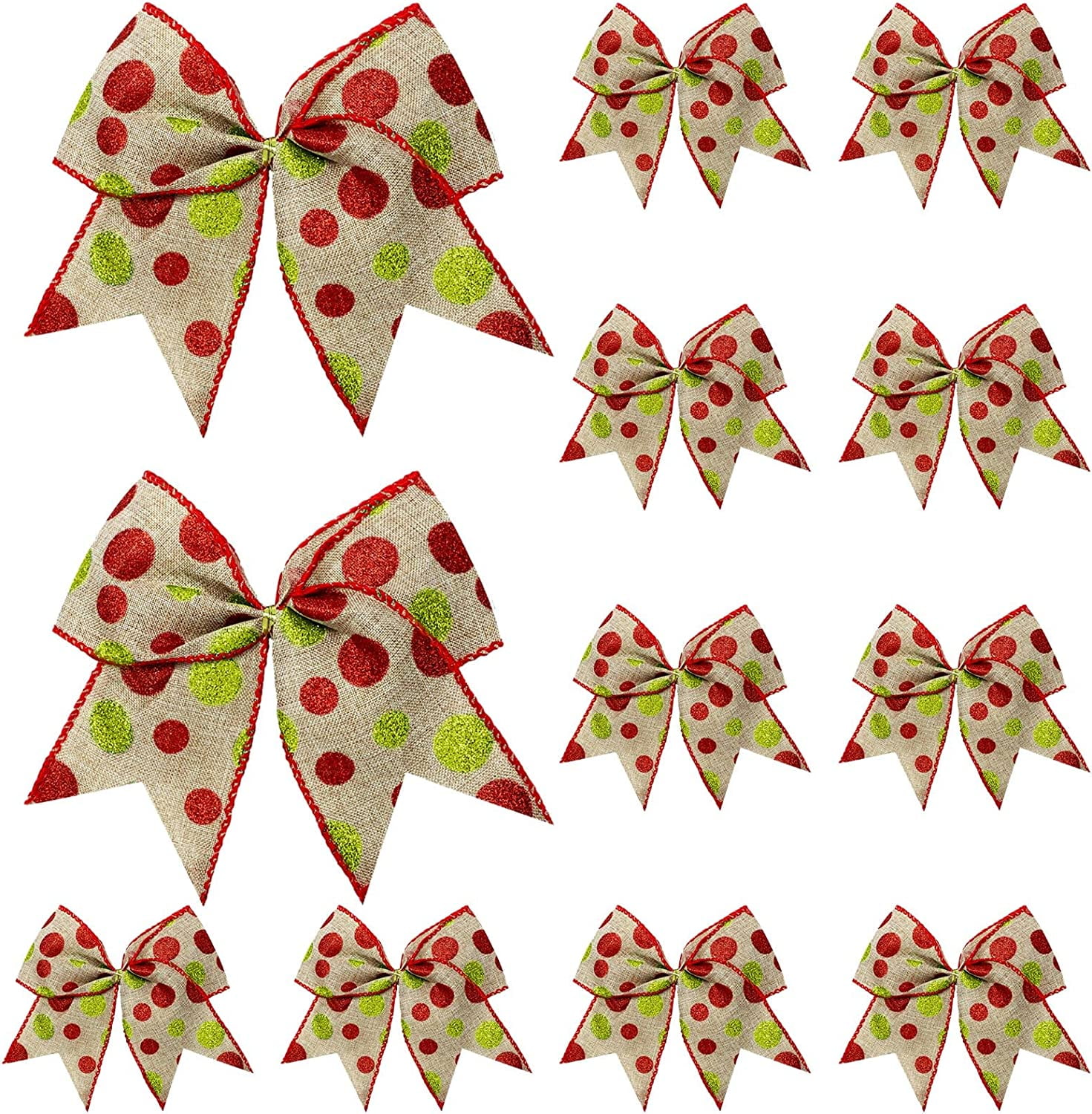 Set of 12 Large Red and Green Polka Dot Christmas Bows
