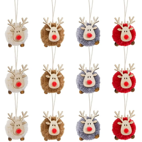 Dalrosia 12PCS Christmas Felt Elk Hanging Ornaments- Christmas Tree Wooden Reindeer Hanging Pendants Decorations for Xmas Party Tree Home Decor(