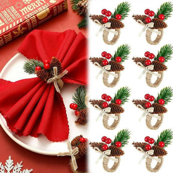 Dalrosia 12PCS Christmas Napkin Rings Holder Pine Cones Poinsettia Pumpkin Wooden Napkin Rings Decor for Christmas Thanksgiving Birthday Party Supplies