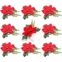Dalrosia 12PCS Christmas Napkin Rings Holder Pine Cones Poinsettia Wooden Napkin Rings Decor for Christmas Thanksgiving Birthday Party Supplies