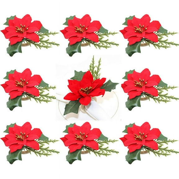 Dalrosia 12PCS Christmas Napkin Rings Holder Pine Cones Poinsettia Wooden Napkin Rings Decor for Christmas Thanksgiving Birthday Party Supplies