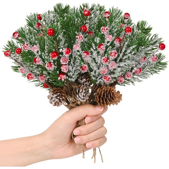 Dalrosia 12PCS Christmas Tree Picks with Sprays Artificial Snow,White Berries Stems Pine Branches Cones Holly for Xmas Decor Wreath Garland Crafts Vase Tree DIY Ornaments