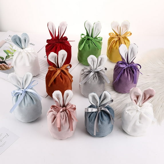 Dalrosia 12PCS Easter Bunny Gift Bags Rabbit Ear Velvet Bags with Drawstrings Bunny Gift Pouches Bunny Party Favors for Baby Kid Basket Party Supplies Candy Treat Jewelry