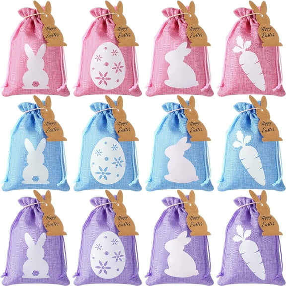 Dalrosia 12PCS Easter Burlap Bags with Drawstrings Bunny Linen Goody Gift Bags with Double Jute Drawstrings Easter Bags Burlap Easter Bunny Bags for Easter