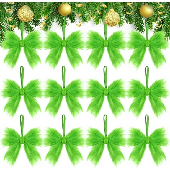 Dalrosia 12PCS Green Christmas Bows Faux Fur Christmas Bow Ornaments Xmas Tree Wreath Bows Hanging Decorations for DIY Craft Garland Wedding Holiday Party Supplies