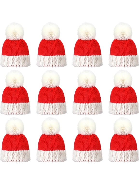 12PCS Mini Christmas Knit Hats Round Tiny Santa Hats with Pom Pom Knitting Doll Hats for Crafts Small Santa Hats Crafts Christmas Tree Ornaments Hats for DIY Hair Accessories