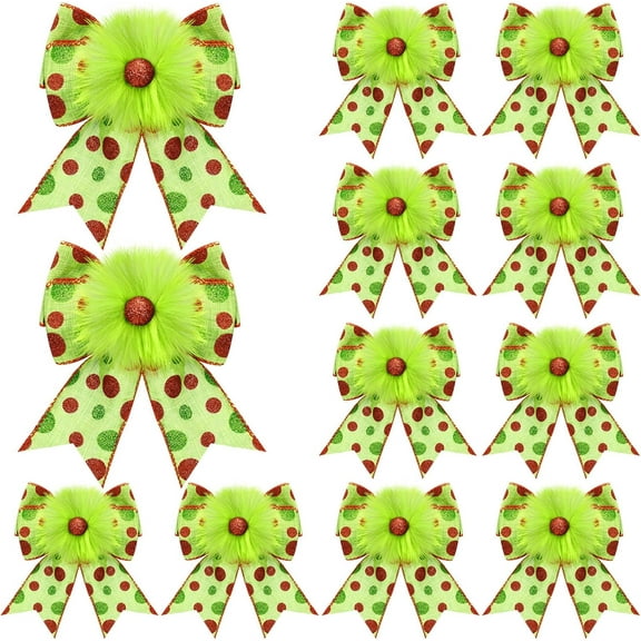 Dalrosia 12PCS Red Green Christmas Bows Christmas Tree Decoration Lime Green Wreaths Velvet Bow Tree Topper with Fluffy Ornaments for Xmas Party