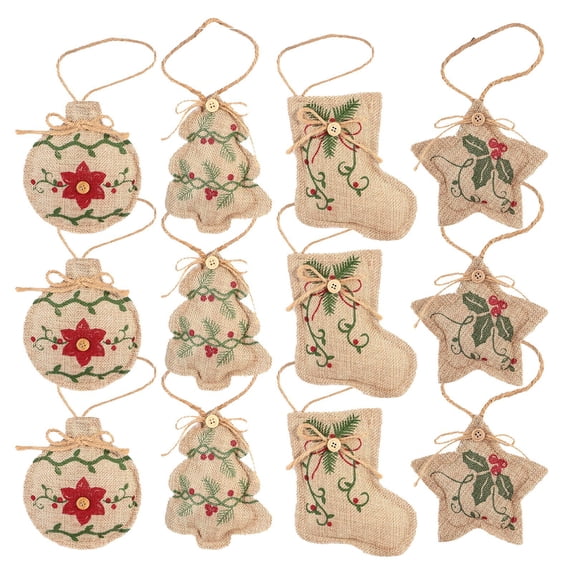 Dalrosia 12PCS Rustic Christmas Burlap Tree Ornaments Farmhouse Hanging Decorations Christmas Stocking Tree Ball Shaped Decor for Christmas Party
