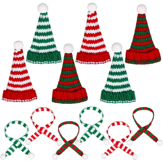 Dalrosia 12pcs Christmas Mini Knit Doll Hat and Scarf Mini Santa Hat for Craft Christmas Doll Knit Decoration Miniature Hat Scarves Doll Clothing Accessories DIY for Xmas Tree Wine Bottle Gift Decor