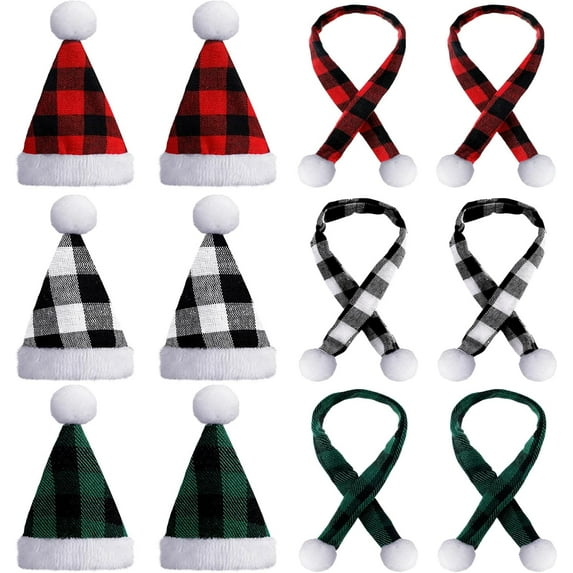 Dalrosia 12pcs Mini Plaid Christmas Hat Scarf Set Christmas Wine Bottle Cover Christmas Buffalo Plaid Mini Xmas Santa Hat Scarf for Wine Bottle Xmas Craft