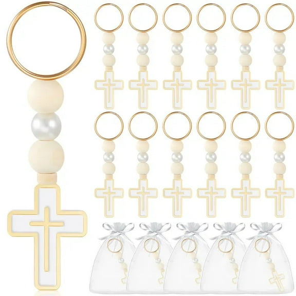 Dalrosia 12pcs Rosary Beads with Cross Crucifix Keychain with White Organza Bag Baptism Favors or Christening Baptism First Communion Gifts