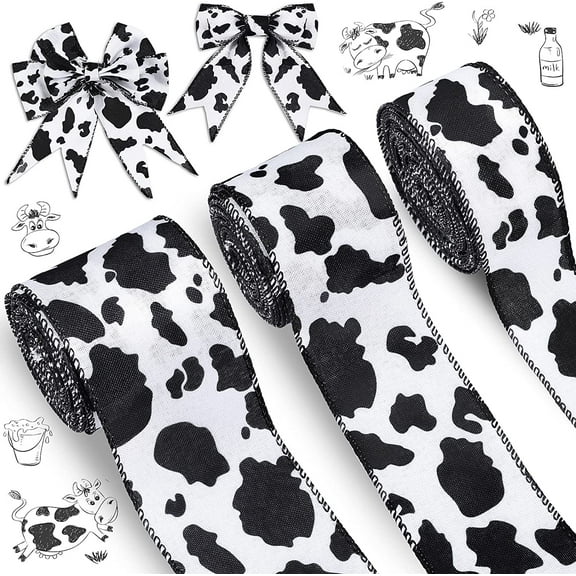 Dalrosia 15 Yards Wired Cow Print Ribbon Black and White Ribbon Animal Print Ribbon, Cow Spot Pattern Ribbon, Animal Print Ribbon for Wreath Bow DIY Crafts Party