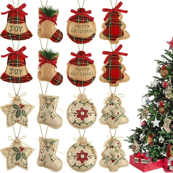 Dalrosia 16PCS Christmas Burlap Ornaments Christmas Hanging Tree Ornaments Rustic Stocking Ball Tree Stars Ornaments for Xmas Holiday Party Tree Decorations